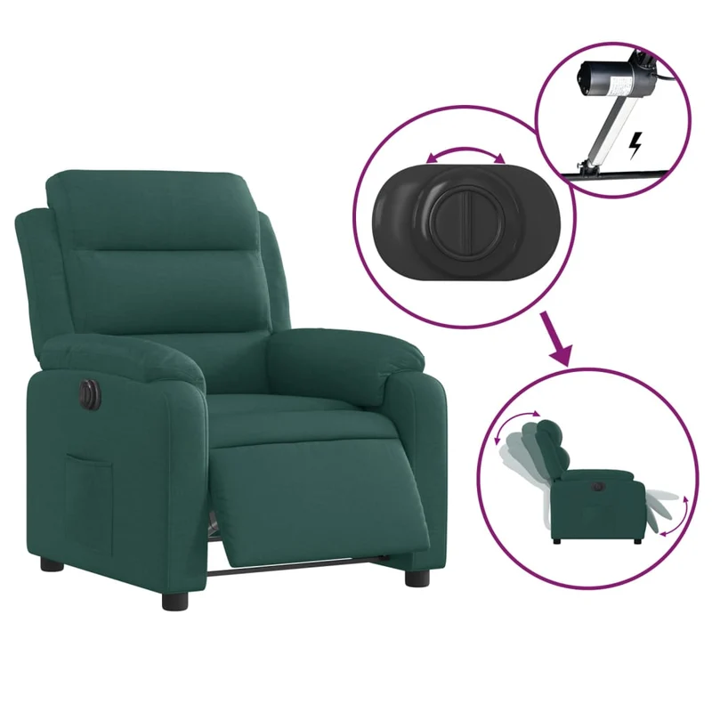 Fauteuil relax TV fonction d'inclinaison électrique très confortable en tissu vert foncé DEC028593