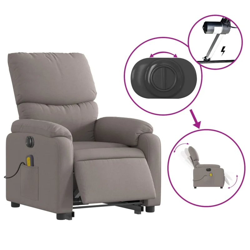 Fauteuil de relaxation fonction massage et inclinable levage électrique en tissu taupe DEC027866