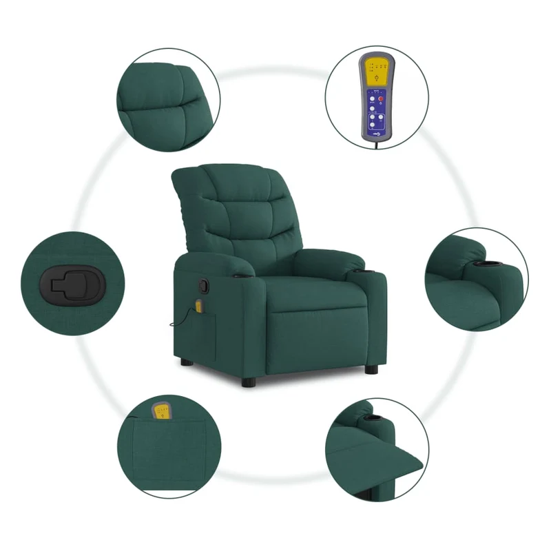 Fauteuil de relaxation TV fonction massage inclinable en tissu vert foncé DEC027128