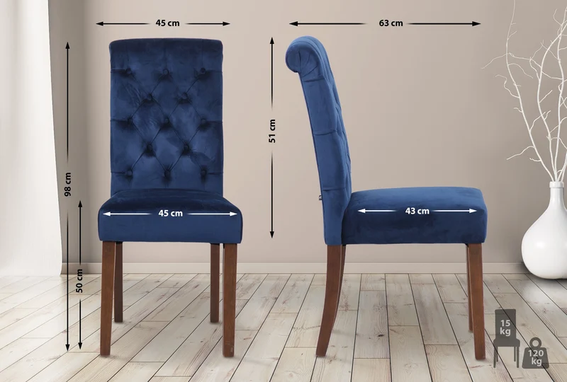 Chaise de salle à manger x1 dossier capitonné en velours bleu pieds en bois marron 10_0002048