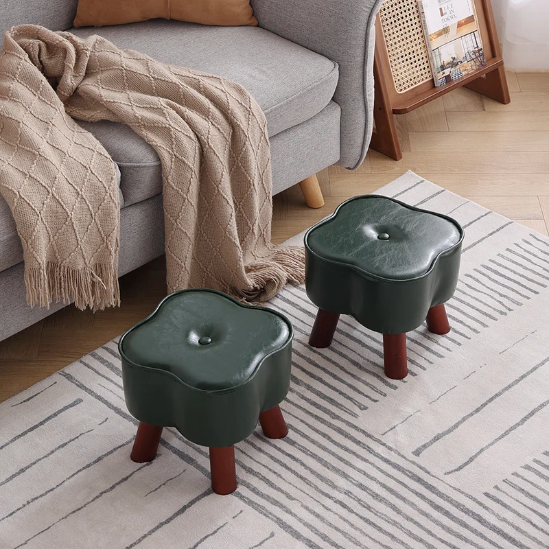Modern Art Deco Clover Round Oil Wax Leather Pine Wood Footstool Backless Armless For Living Room