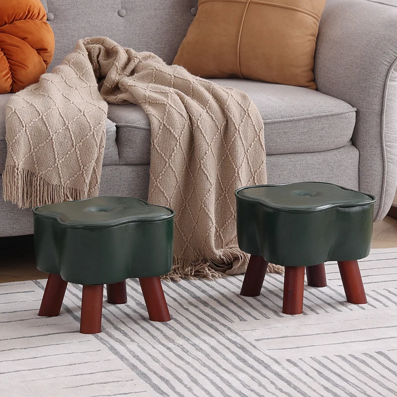 Modern Art Deco Clover Round Oil Wax Leather Pine Wood Footstool Backless Armless For Living Room