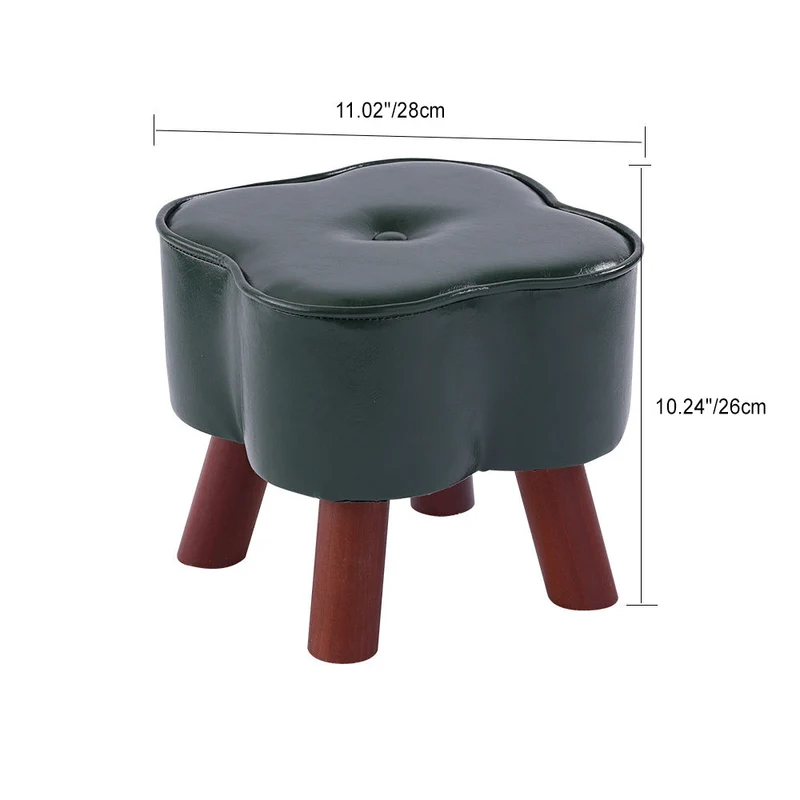Modern Art Deco Clover Round Oil Wax Leather Pine Wood Footstool Backless Armless For Living Room