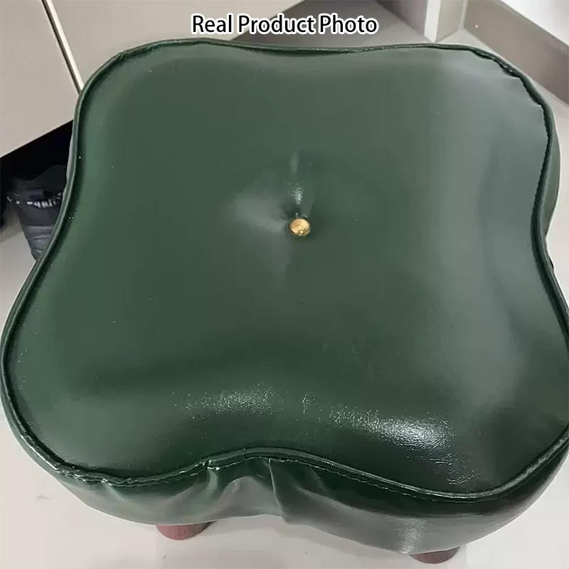 Modern Art Deco Clover Round Oil Wax Leather Pine Wood Footstool Backless Armless For Living Room