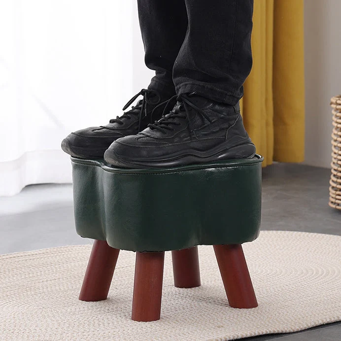 Modern Art Deco Clover Round Oil Wax Leather Pine Wood Footstool Backless Armless For Living Room