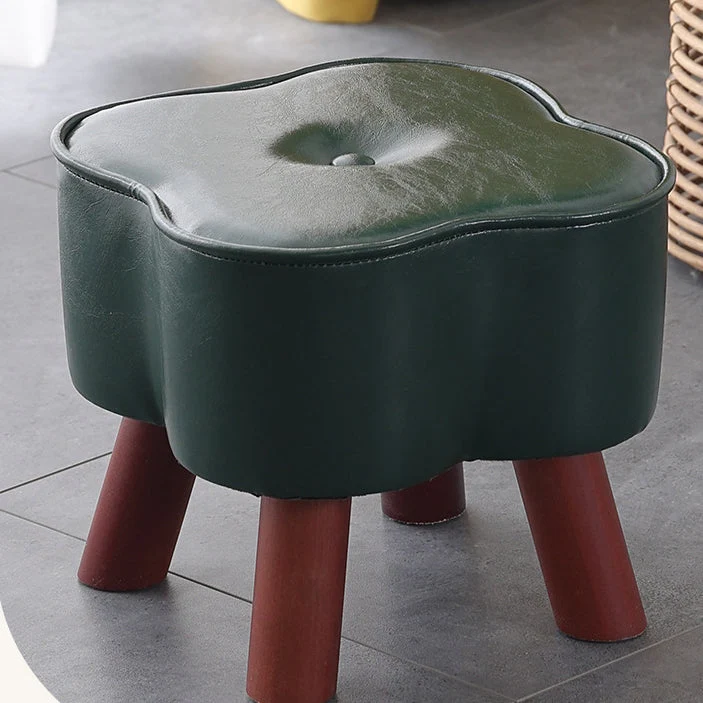 Modern Art Deco Clover Round Oil Wax Leather Pine Wood Footstool Backless Armless For Living Room