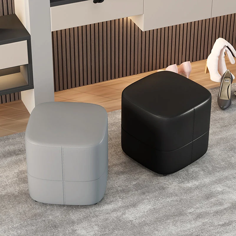Modern Minimalist Square Faux Nappa Leather Pine Wood Low Stool Backless Armless For Living Room