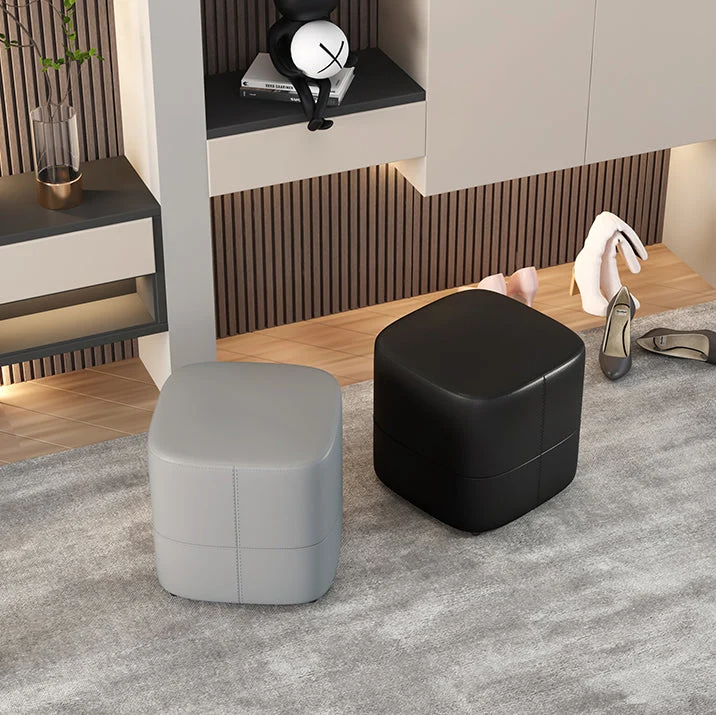 Modern Minimalist Square Faux Nappa Leather Pine Wood Low Stool Backless Armless For Living Room