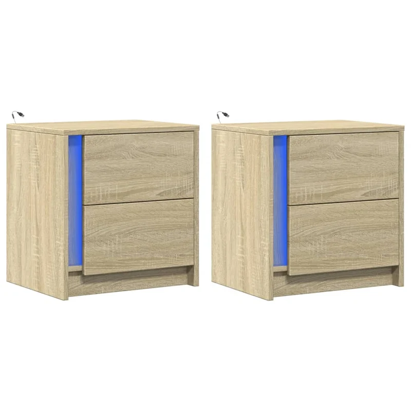 Lot de 2 tables de chevet avec tiroirs et LED 43 x 34 x 45 cm en bois d'ingénierie couleur chêne DEC032848