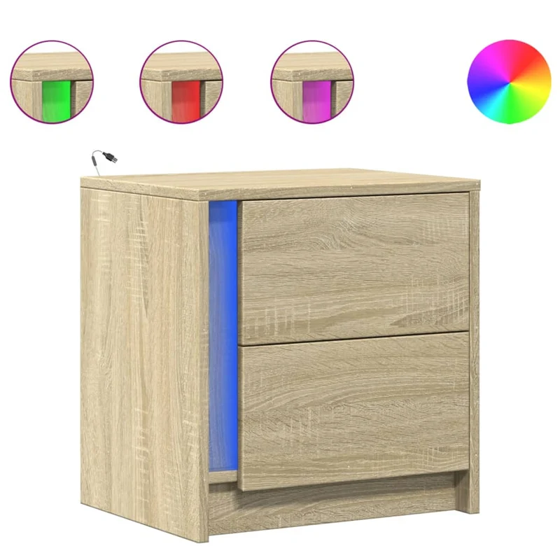 Lot de 2 tables de chevet avec tiroirs et LED 43 x 34 x 45 cm en bois d'ingénierie couleur chêne DEC032848