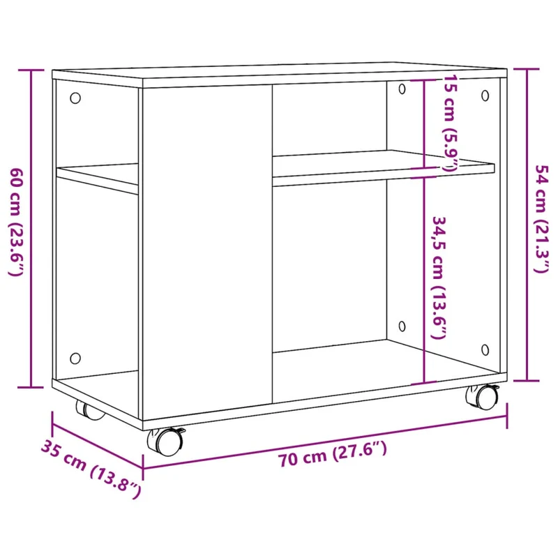 Meuble d'appoint sur roulettes avec étagères 70 x 35 x 60 cm en bois d'ingénierie gris DEC032333