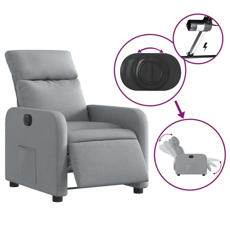Fauteuil relax TV fonction d'inclinaison électrique très confortable en tissu gris clair DEC028311