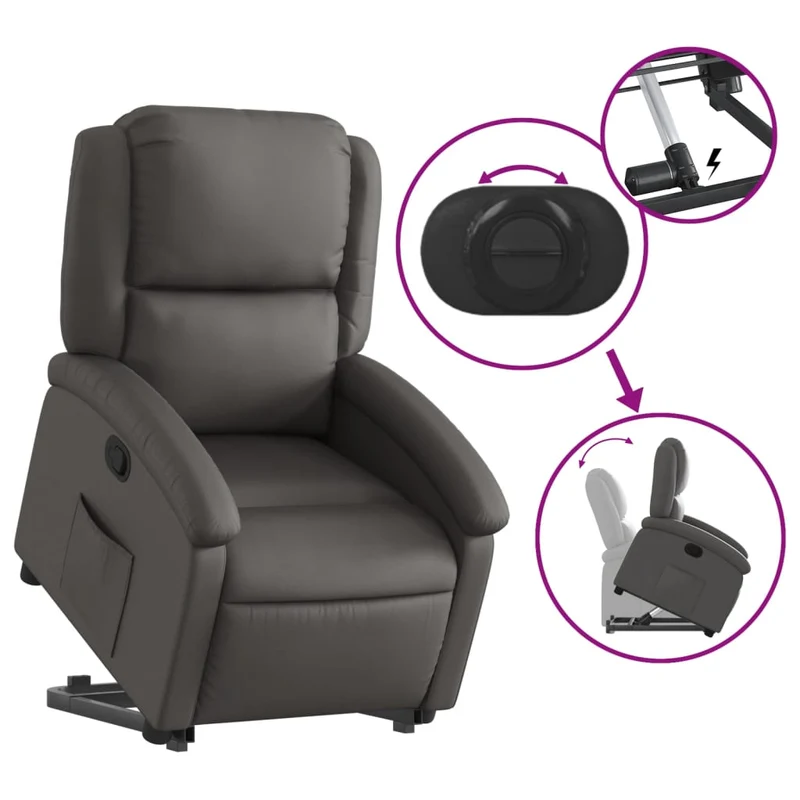 Fauteuil relax TV rembourrage confortable fonction de levage électrique en cuir véritable gris DEC027924