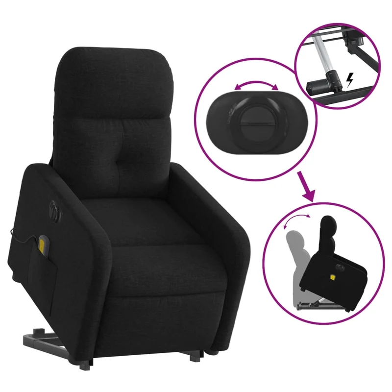 Fauteuil de relaxation fonction massage et inclinable fonction de levage électrique en tissu noir DEC027820