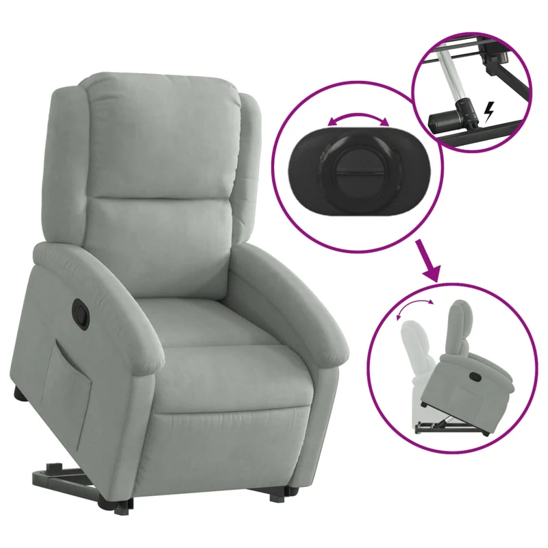 Fauteuil relax TV rembourrage confortable fonction de levage électrique en velours gris clair DEC027920