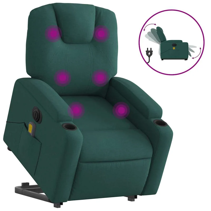 Fauteuil de relaxation fonction massage et inclinable fonction de levage électrique en tissu vert foncé DEC027872