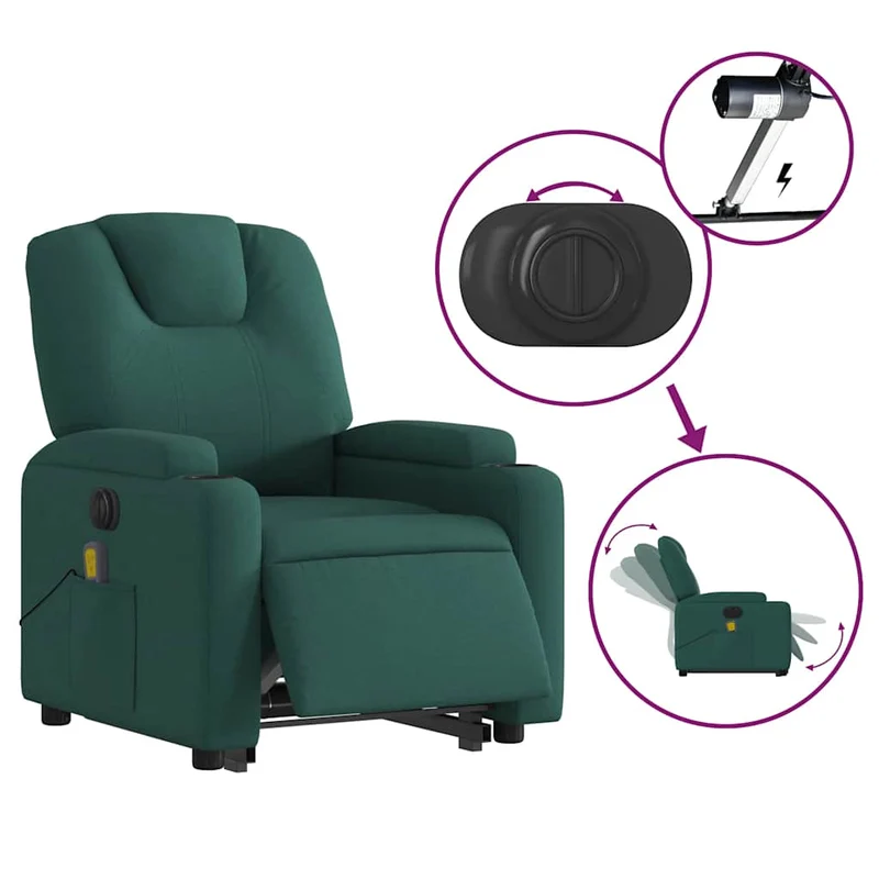 Fauteuil de relaxation fonction massage et inclinable fonction de levage électrique en tissu vert foncé DEC027872
