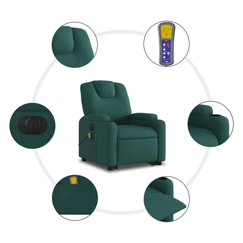 Fauteuil de relaxation fonction massage et inclinable fonction de levage électrique en tissu vert foncé DEC027872