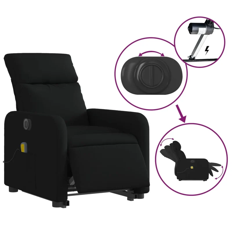Fauteuil de relaxation fonction massage et inclinable fonction de levage électrique en tissu noir DEC027824