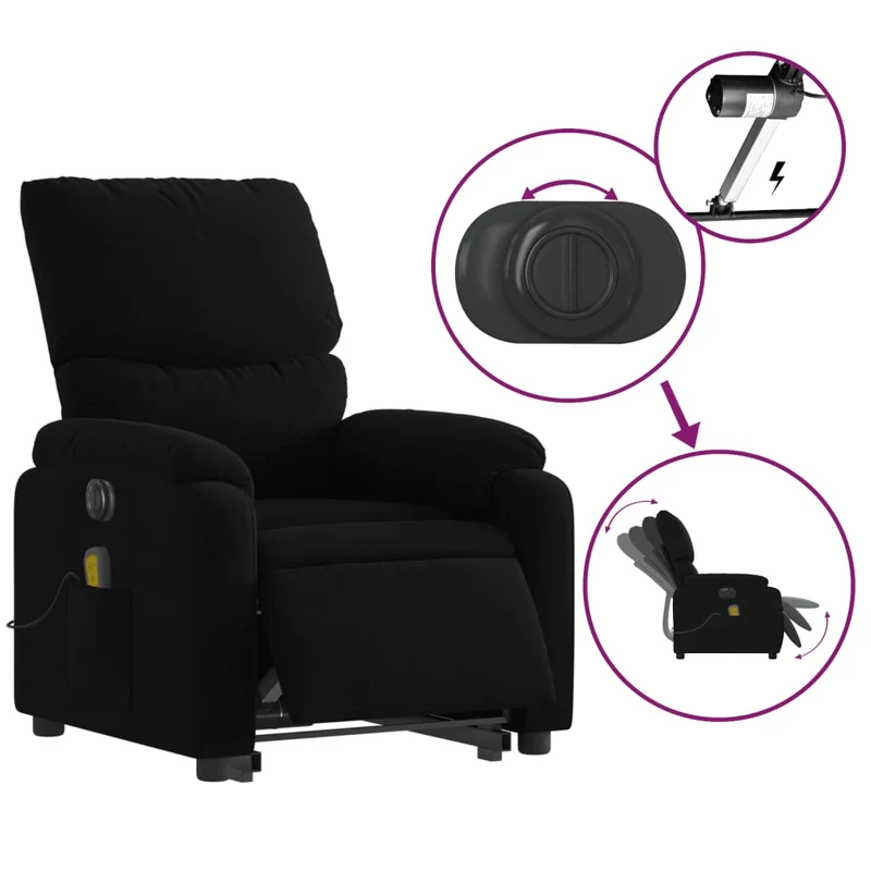 Fauteuil de relaxation fonction massage et inclinable fonction de levage électrique en tissu noir DEC027822