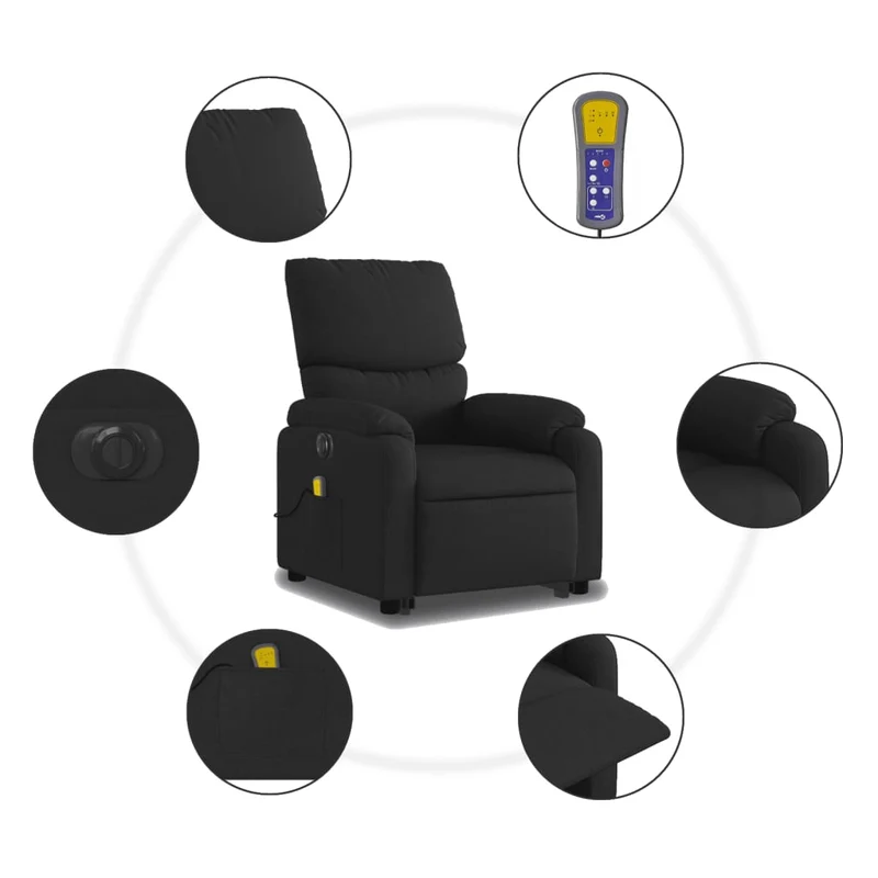 Fauteuil de relaxation fonction massage et inclinable fonction de levage électrique en tissu noir DEC027822