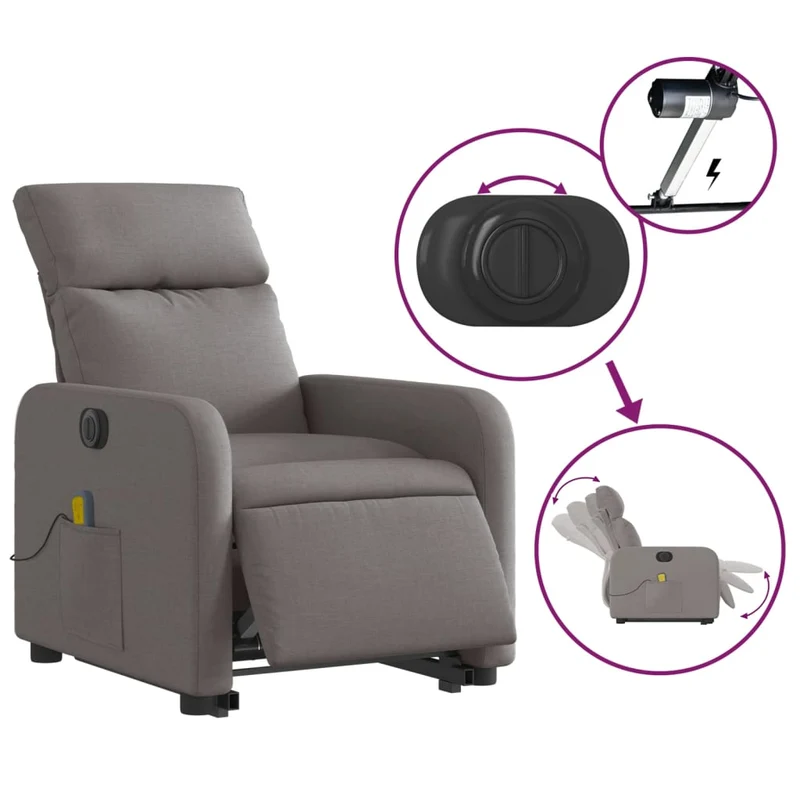 Fauteuil de relaxation fonction massage et inclinable fonction de levage électrique en tissu taupe DEC027863