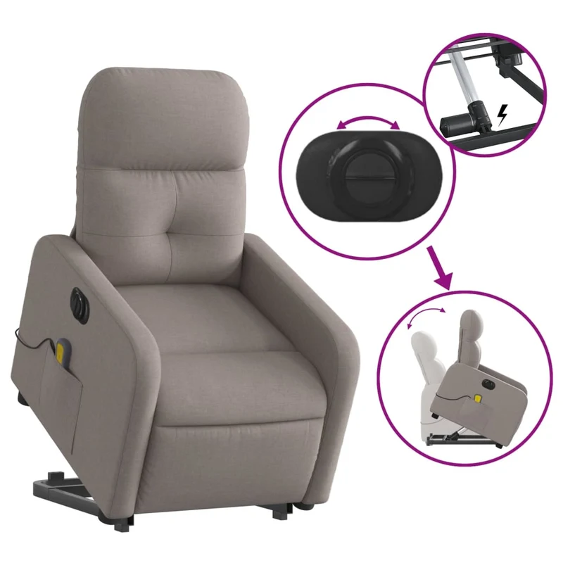 Fauteuil de relaxation fonction massage et inclinable fonction de levage électrique en tissu taupe DEC027862