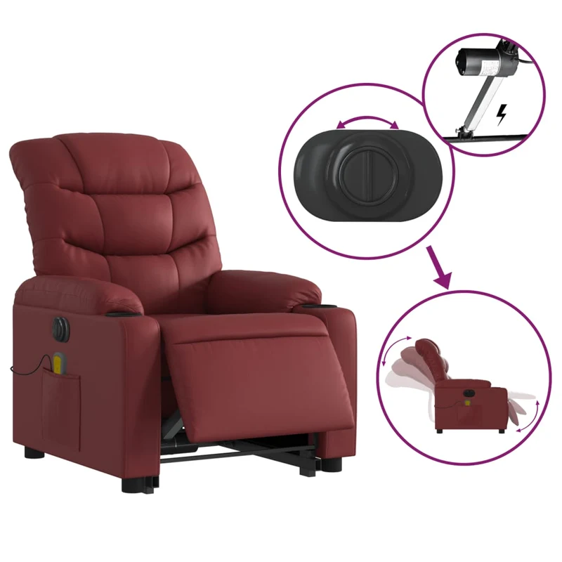 Fauteuil de relaxation fonction massage et inclinable fonction de levage électrique en PVC rouge bordeaux DEC027840