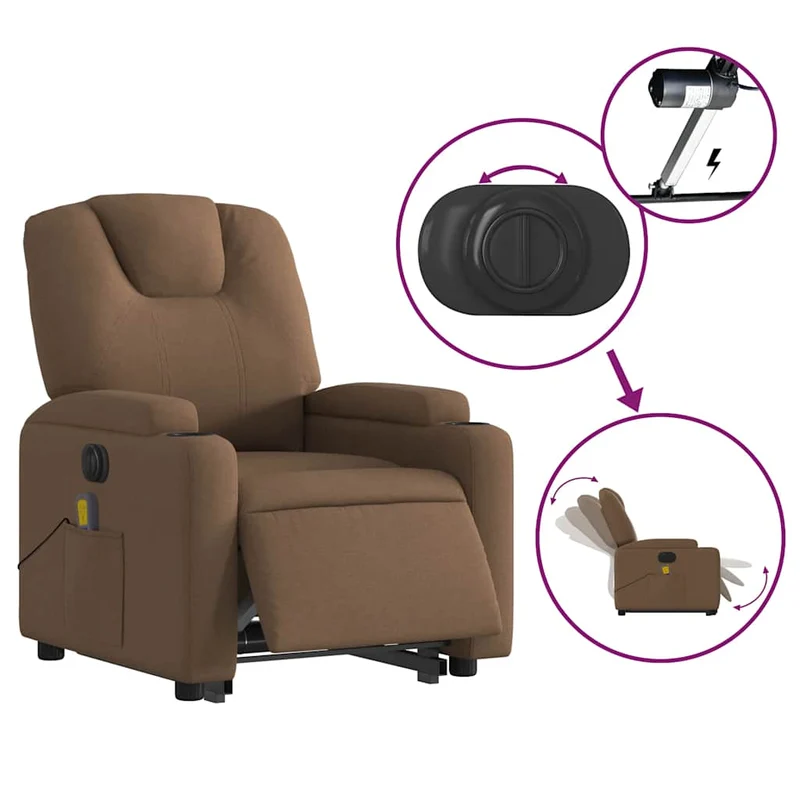 Fauteuil de relaxation fonction massage et inclinable onction de levage électrique en tissu marron DEC027795