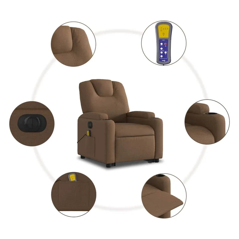 Fauteuil de relaxation fonction massage et inclinable onction de levage électrique en tissu marron DEC027795