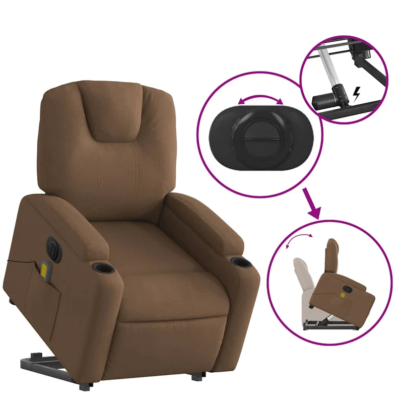 Fauteuil de relaxation fonction massage et inclinable onction de levage électrique en tissu marron DEC027795