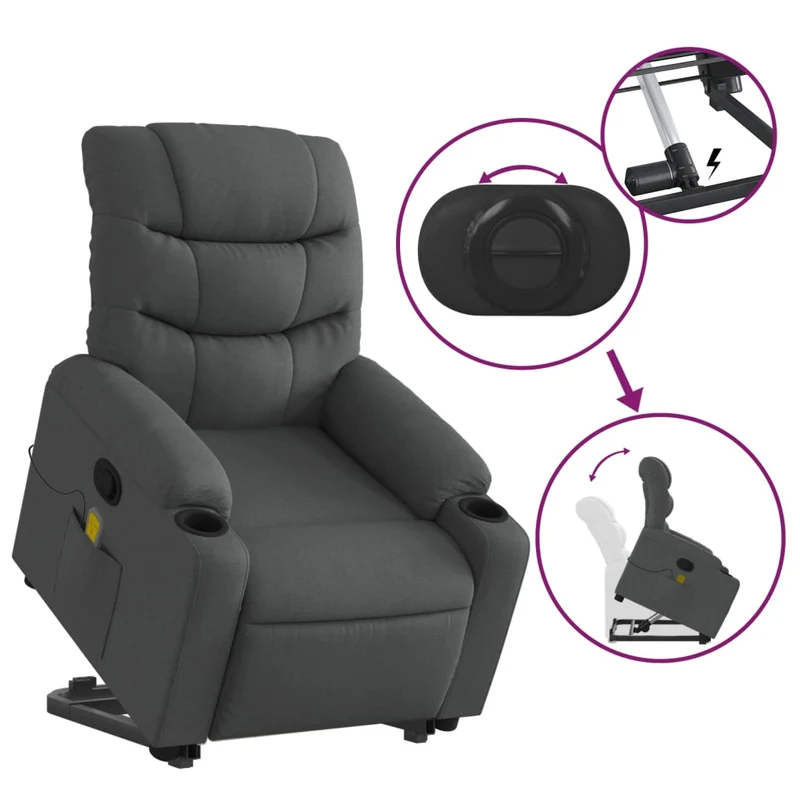 Fauteuil de relaxation TV fonction massage inclinable fonction de levage électrique en tissu gris foncé DEC026945