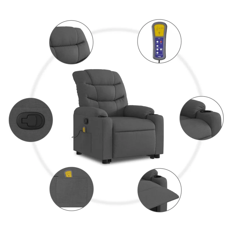 Fauteuil de relaxation TV fonction massage inclinable fonction de levage électrique en tissu gris foncé DEC026945
