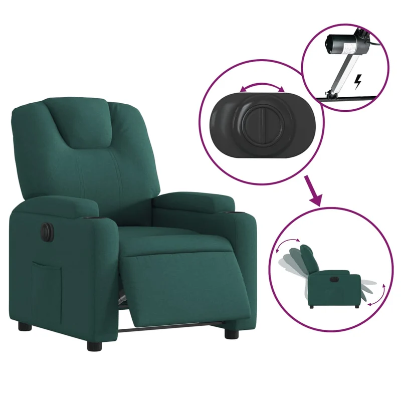 Fauteuil relax TV fonction d'inclinaison électrique très confortable en tissu vert foncé DEC028599