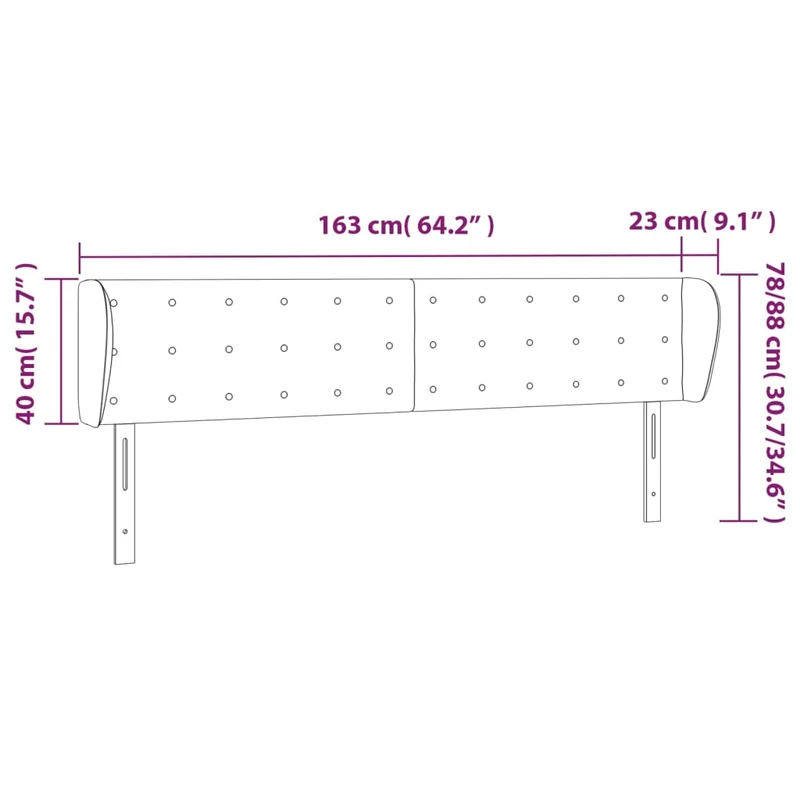Tête de lit accessoire couchage chambre à coucher meuble capitonné avec rebord latéral 163 x 23 x 78/88 cm tissu velours gris clair TDL0205214