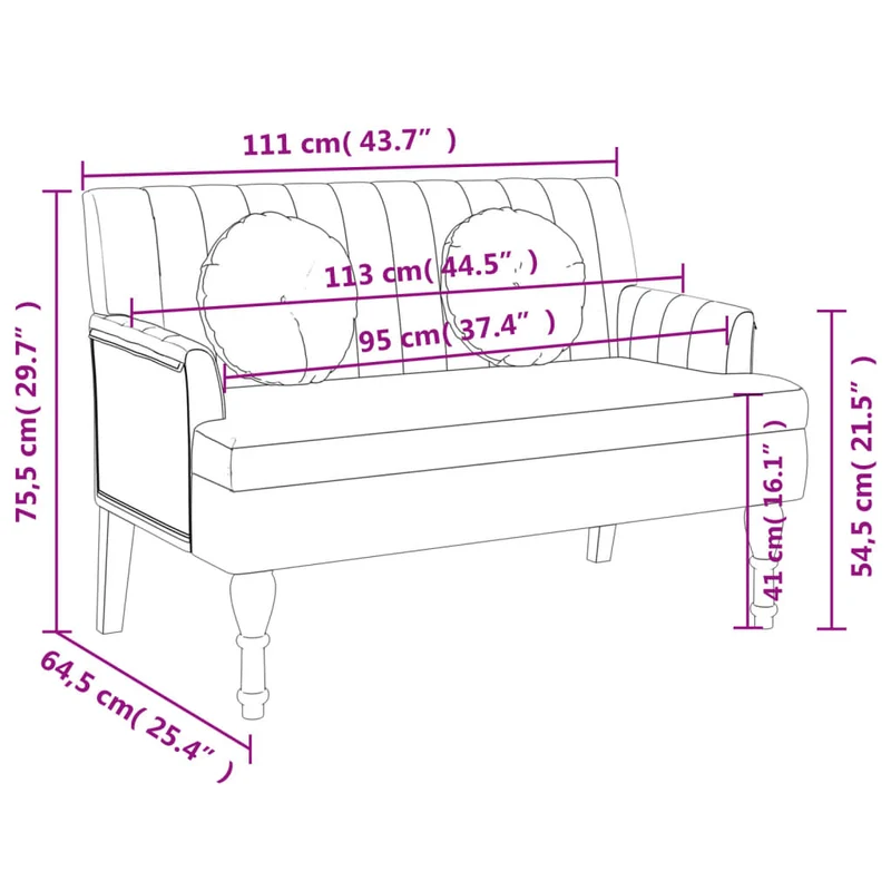 Banc canapé avec coussins avec accoudoirs et dossier 113 x 64,5 x 75,5 cm en tissu noir DEC024633