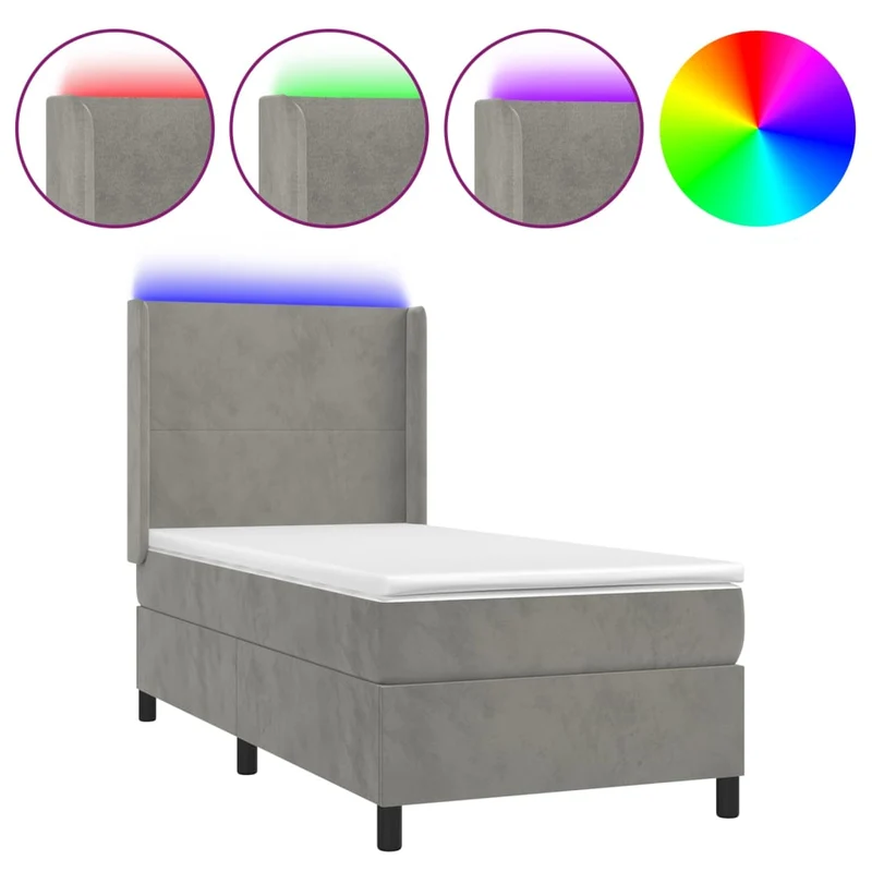 Cadre de lit LED avec sommier tête de lit matelas 90x200cm tissu velours gris clair TDL0208469
