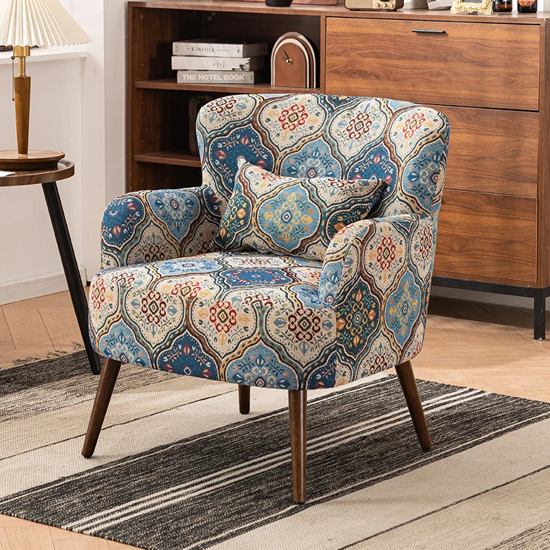Traditional Vintage Rectangular Fabric Rubberwood Carbon Steel Accent Chair Backrest Armrest Footrest For Living Room