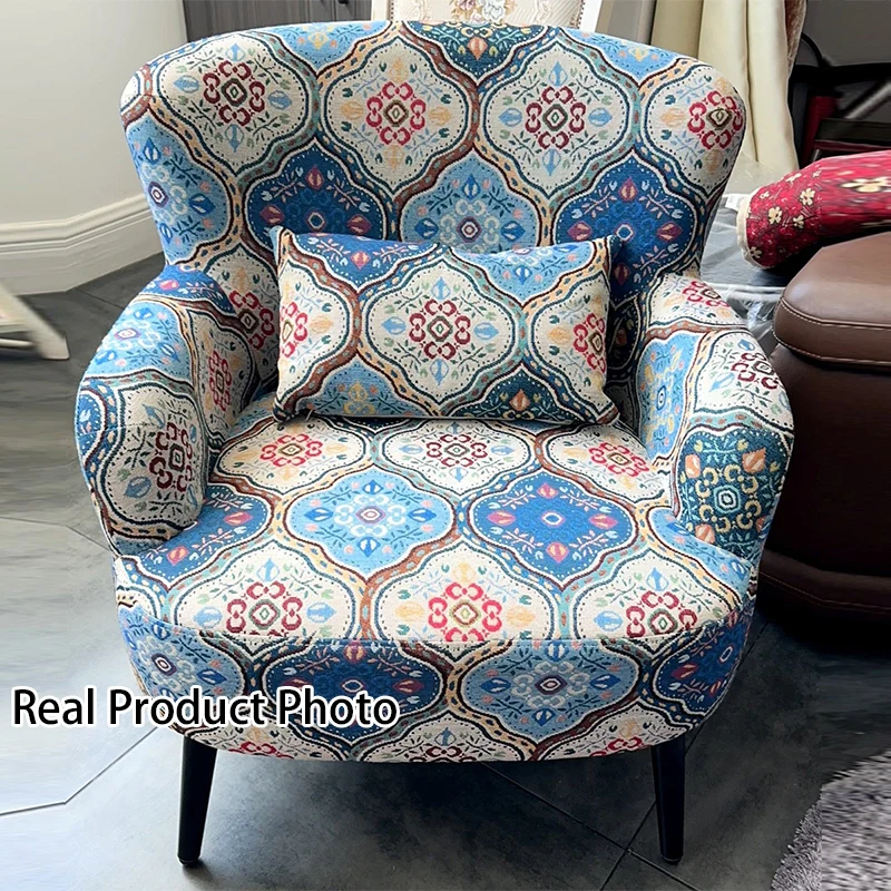 Traditional Vintage Rectangular Fabric Rubberwood Carbon Steel Accent Chair Backrest Armrest Footrest For Living Room
