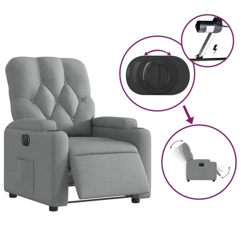 Fauteuil relax TV fonction d'inclinaison électrique très confortable en tissu gris clair DEC028307