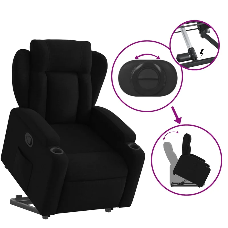 Fauteuil relax TV rembourrage confortable fonction de levage électrique en tissu noir DEC028095