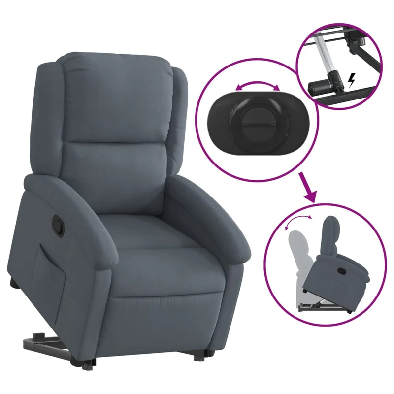 Fauteuil relax TV rembourrage confortable fonction de levage électrique en velours gris foncé DEC027965