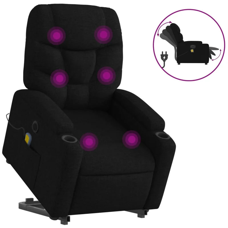 Fauteuil de relaxation fonction massage et inclinable fonction de levage électrique en tissu noir DEC027817