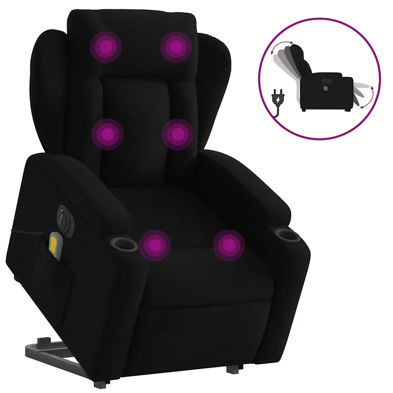 Fauteuil de relaxation fonction massage et inclinable fonction de levage électrique tissu noir DEC027811