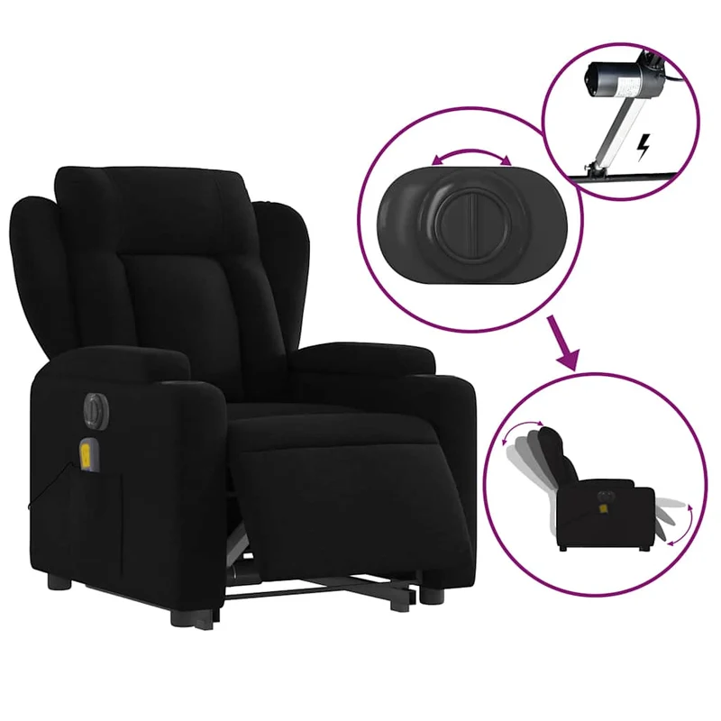 Fauteuil de relaxation fonction massage et inclinable fonction de levage électrique tissu noir DEC027811