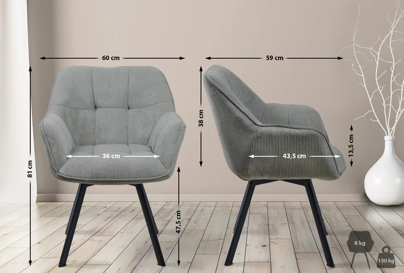 Chaise de salle à manger assise pivotante confortable en velours côtelé gris et métal noir 10_0002037