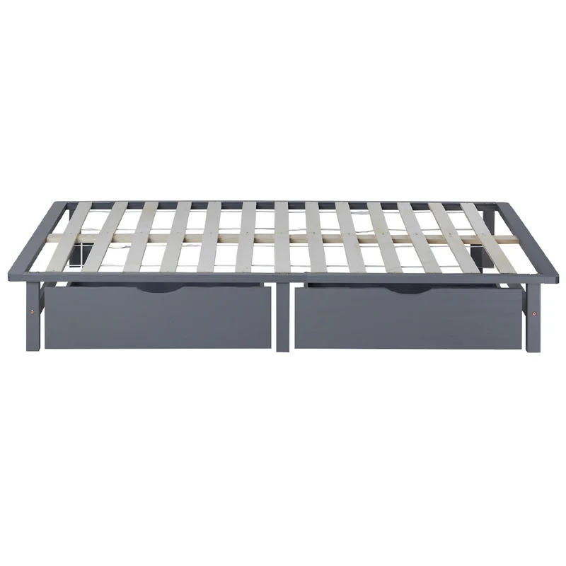 Lit palette en bois massif gris 140x200 cm avec tiroirs de rangement et sommier à lattes LIT06239