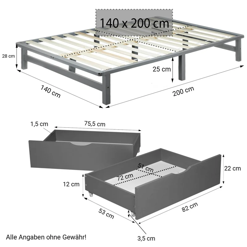 Lit palette en bois massif gris 140x200 cm avec tiroirs de rangement et sommier à lattes LIT06239