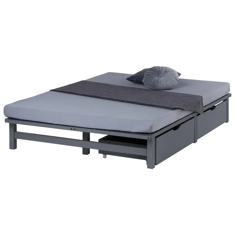 Lit palette en bois massif gris 140x200 cm avec tiroirs de rangement et sommier à lattes LIT06239