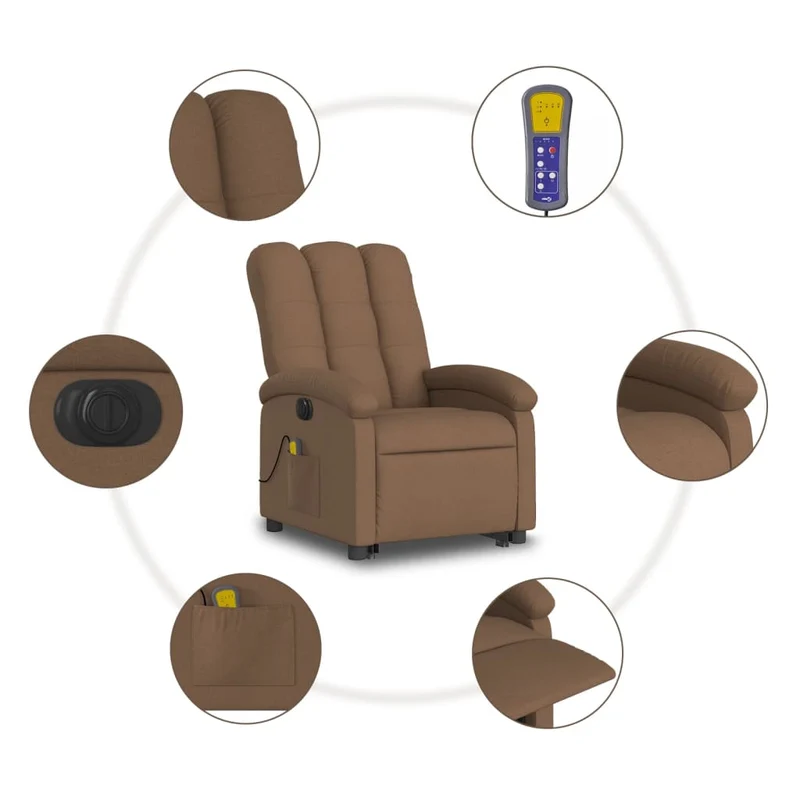 Fauteuil de relaxation fonction massage et inclinable fonction de levage électrique en tissu marron DEC027790